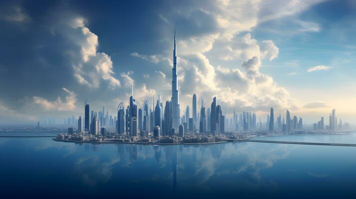 a futuristic city on a body of water