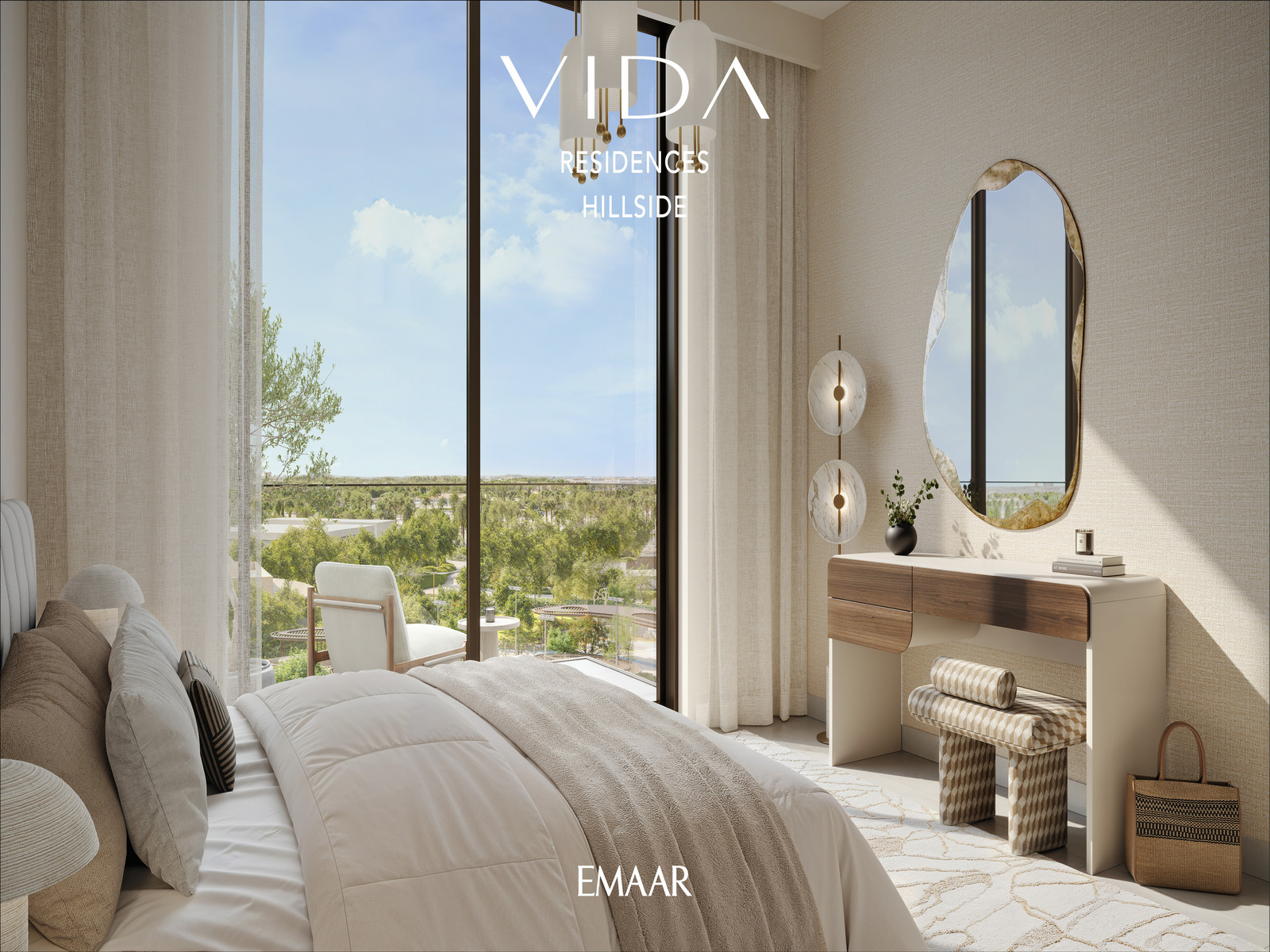 a bedroom with a large window and a white bed