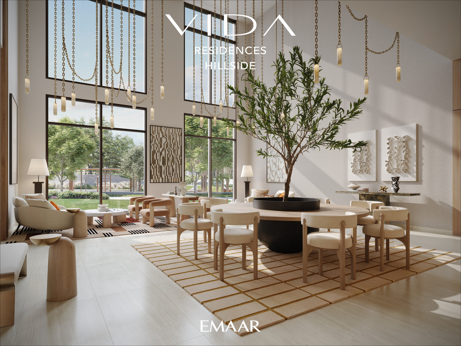 a living room filled with furniture and a tree