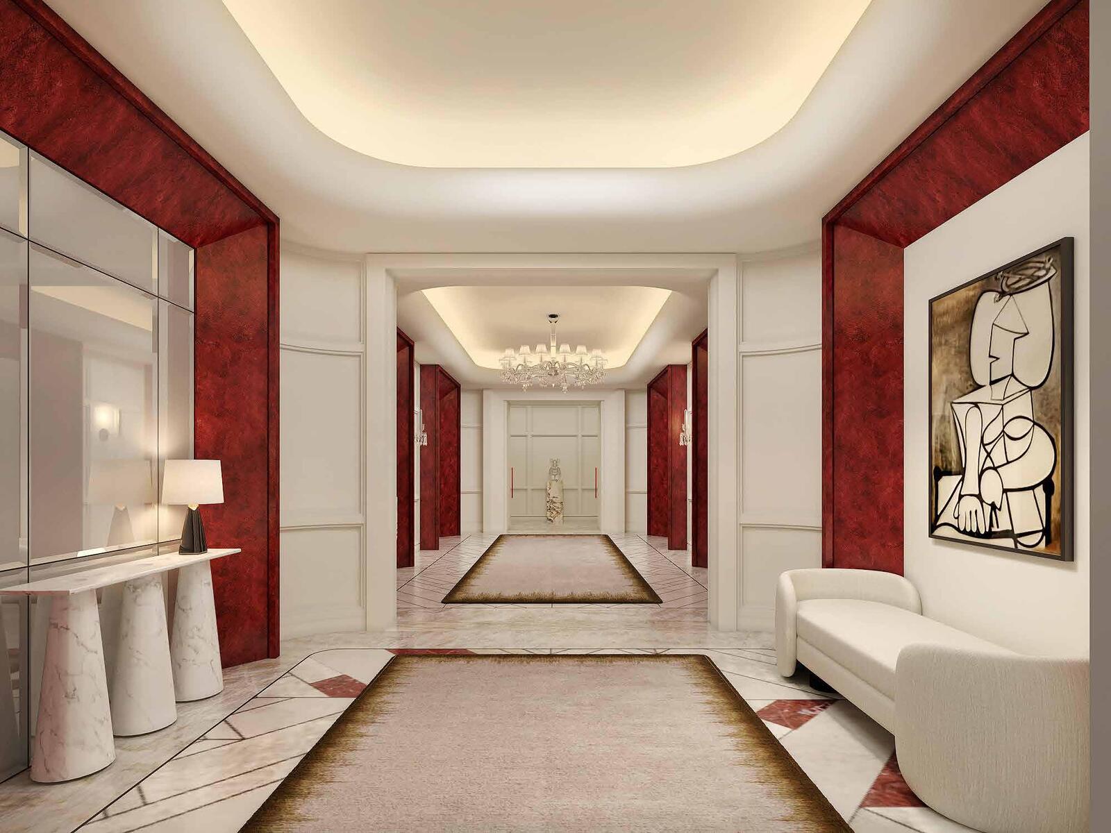 a long hallway with red and white walls