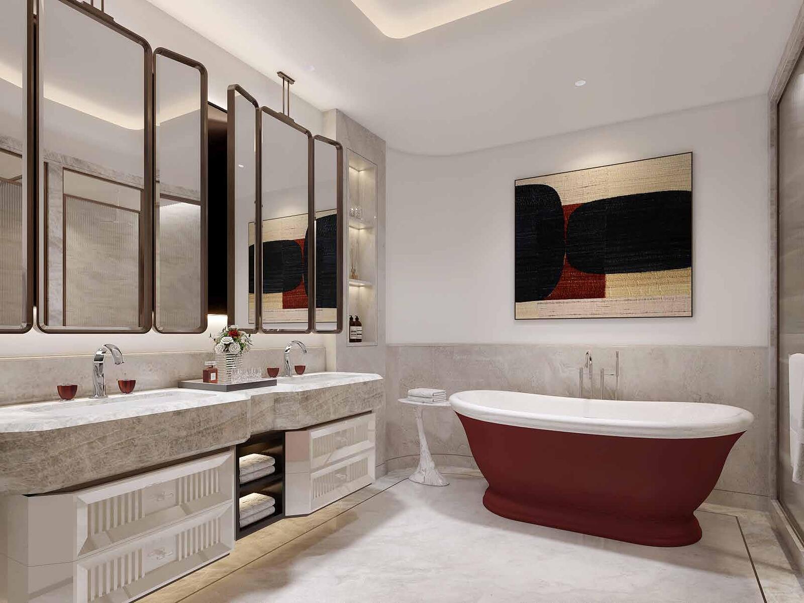 a bath room with a bath tub a sink and a mirror